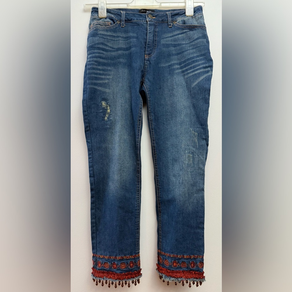John Mark Blue Straight Leg Jeans with Red  Embroidered and Beaded Trim